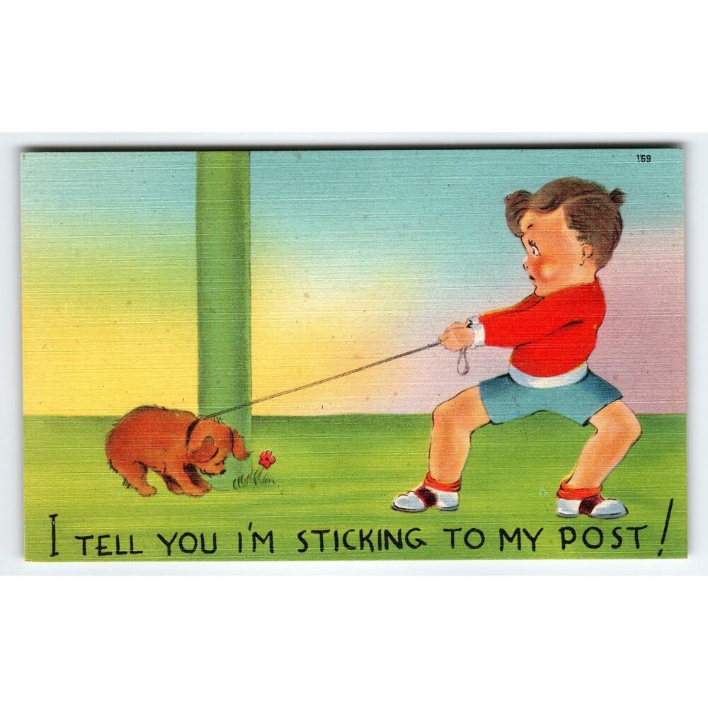 Vintage Linen Postcard Boy and Dog Comic Saying 1950s Asheville NC